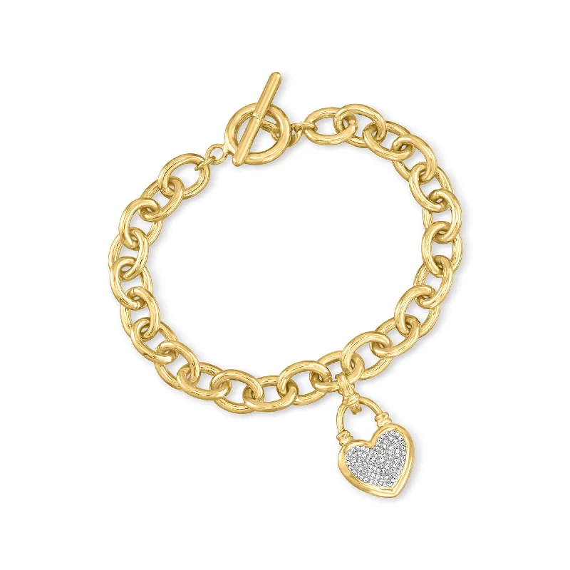 Ross-Simons Diamond Heart Lock Charm Toggle Bracelet in 18kt Gold Over Sterling