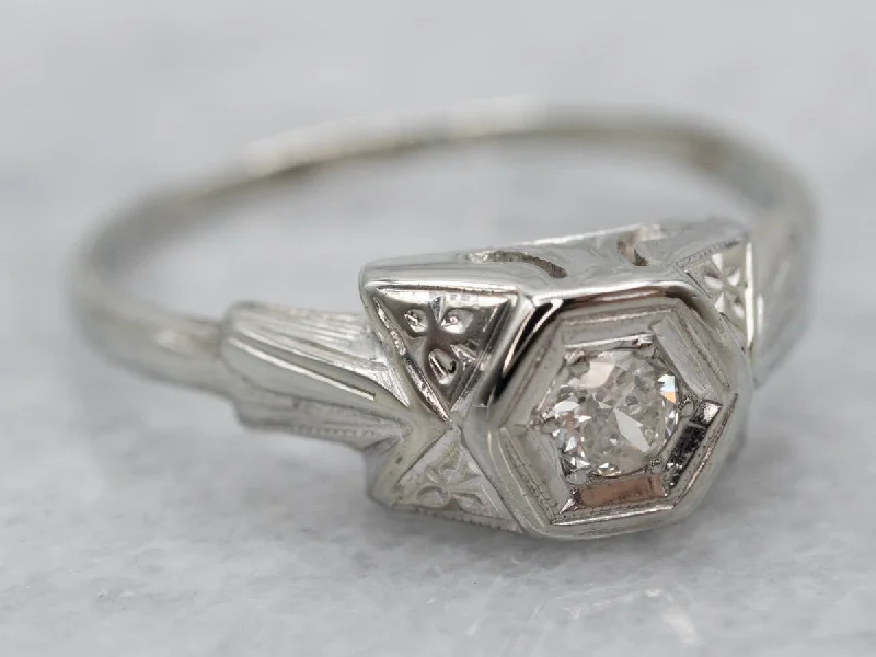 customized engagement rings -Floral Art Deco Old Mine Cut Diamond Engagement Ring