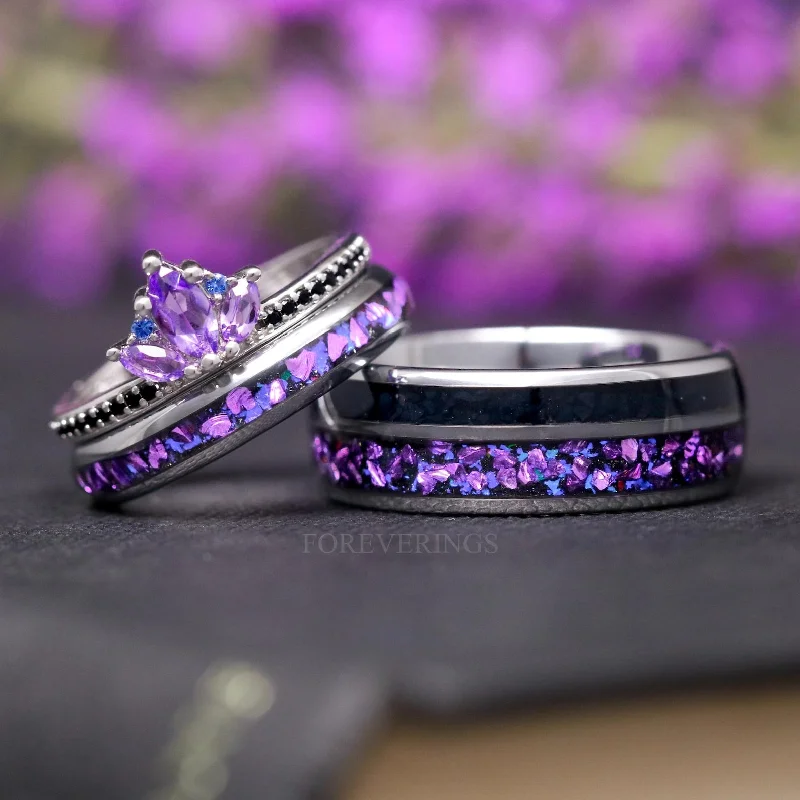 Amethyst Lotus Couples Ring Set