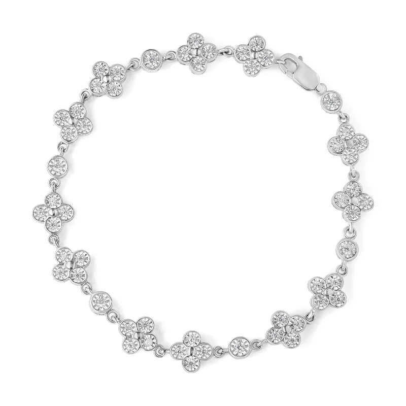 .925 Sterling Silver 1.0 Cttw Miracle-Set Diamond 4 Leaf and Solitaire Station Link Bracelet