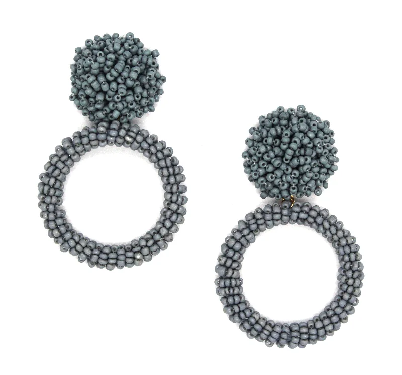 Jade Beaded Hoop Earrings- Grey