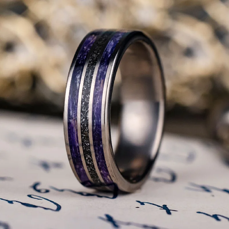 (In-Stock) The Field to Sky | Women's Titanium Wedding Band with Meteorite and Sea Lavender - Size 6.75 | 6mm Wide