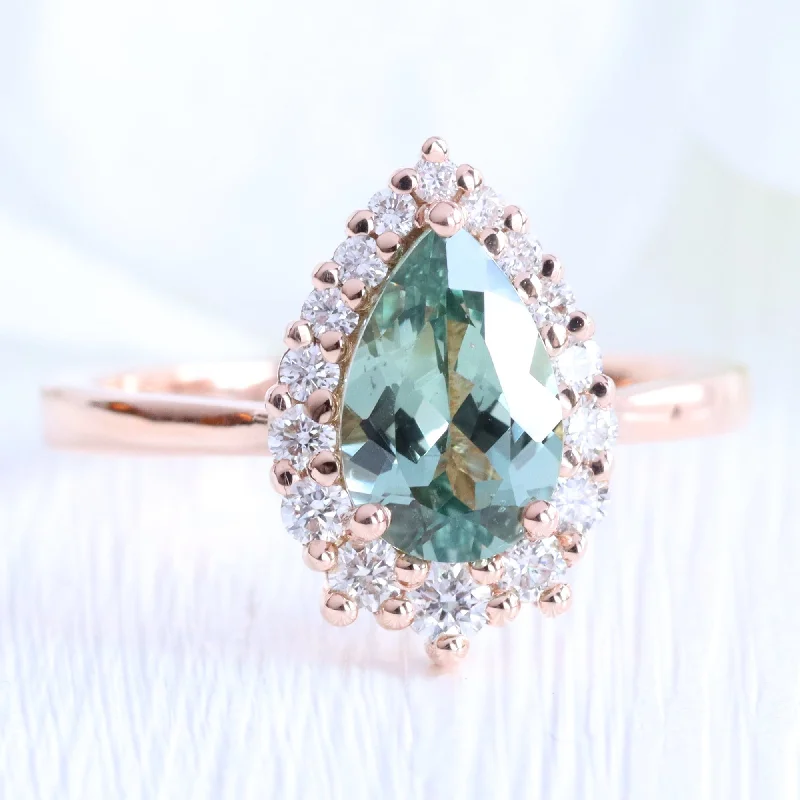 2.41 Ct Pear Green Sapphire Ring in 14k Rose Gold Tiara Halo Diamond, Size 6.5