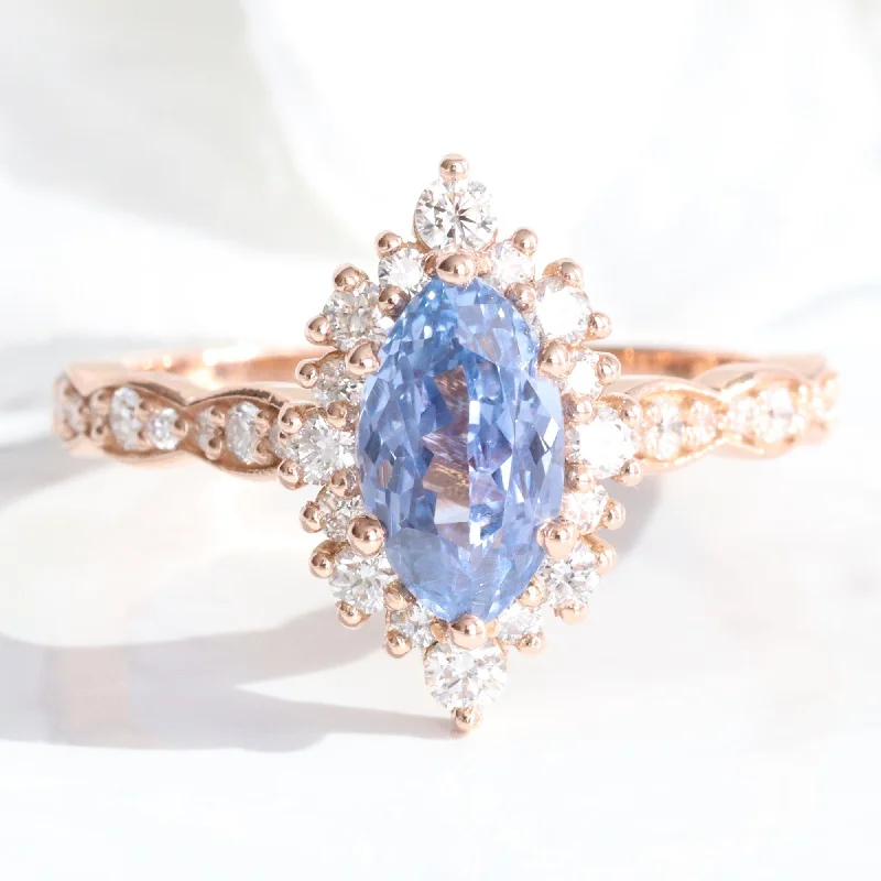 2.46 Ct Marquise Aqua Blue Sapphire Ring in 14k Rose Gold Tiara Halo Diamond Size 6.75