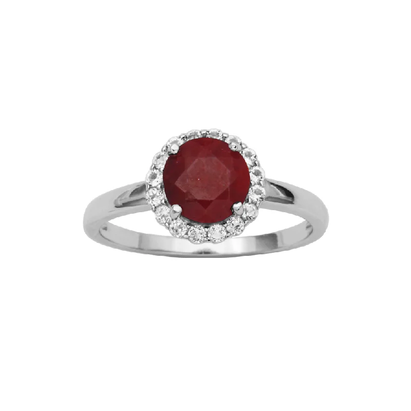 Sterling Silver Dyed Red Corundum & White Topaz Halo Ring by Samuel B.