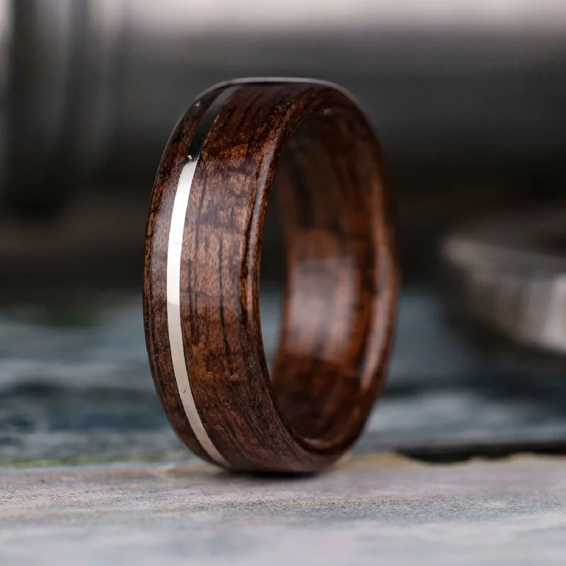 (In-Stock) The Armory | Men's M1 Garand Rifle Stock Wood Wedding Band with Offset 14k White Gold Inlay - Size 7 | 7mm Wide