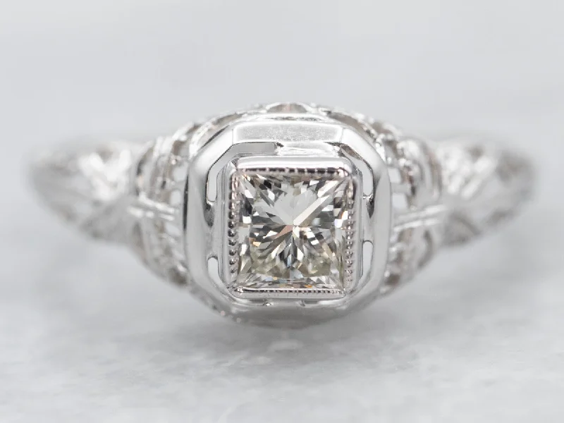 unique engagement rings for women -Late Art Deco Princess Cut Diamond Engagement Ring