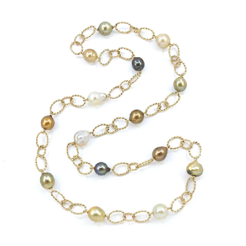 bohemian necklaces for women -Coiled Oval Loop Link Necklace with Multi-colored Baroque Pearls