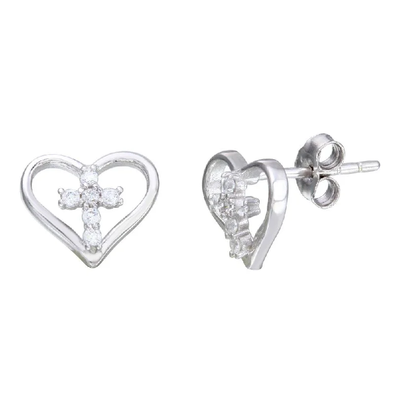 Rhodium Plated 925 Sterling Silver Cross in Heart Stud Earrings - STE01112