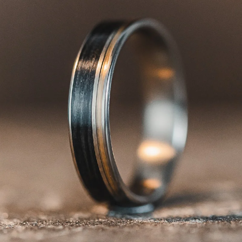 (In-Stock) Custom Titanium Ring with Weathered Whiskey Barrel & Brass - Size 13.75 | 6mm Wide