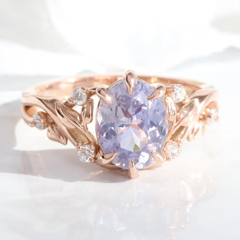 2.26 Ct Oval Lavender Sapphire Ring in 14k Rose Gold Floral Leaf Diamond Size 6.5