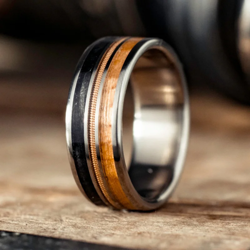 (In-Stock) Custom Men's Titanium Ring with Weathered Whiskey Barrel Wood, Guitar String & Airplane Propeller - Size 9.25 | 8mm Wide