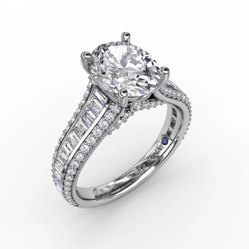 silver engagement rings for women -Oval Diamond Solitaire Engagement Ring With Baguettes and Pavé