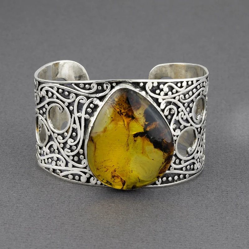 Wide Mexican Silver and Amber Cuff Bracelet