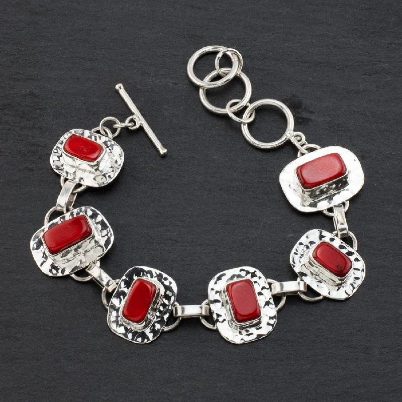 Hammered Silver and Red Coral Link Bracelet