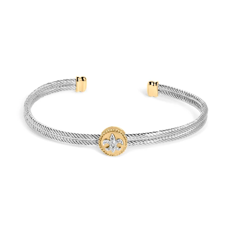 18K Yellow Gold Plated .925 Sterling Silver Diamond Accent  and Fleur Di Lis Medallion Bangle Bracelet