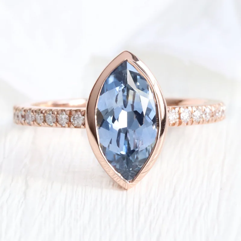 2.02 Ct Marquise Teal Blue Sapphire Ring in 14k Rose Gold Bezel Pave Diamond, Size 6.25