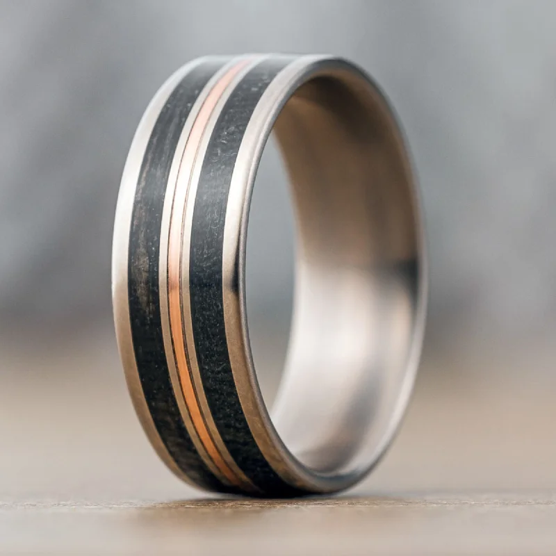 (In-Stock) Custom Men's Titanium Ring with Black Whiskey Barrel Wood, Air Force Flight Suit & 14k Rose Gold Inlays - Size 11 | 8mm Wide