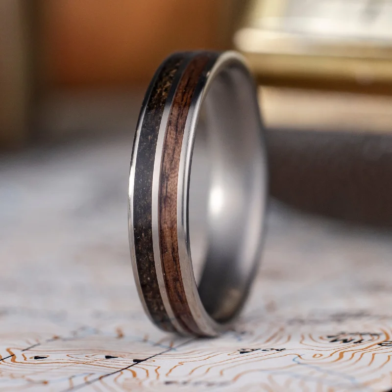 (In-Stock) The Great War | Men's Titanium Wedding Band with Rifle Stock Wood & WWI Uniform - Size 11 | 5mm Wide