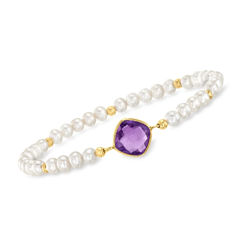 Ross-Simons Amethyst and 4-5mm Cultured Pearl Stretch Bracelet With 14kt Yellow Gold