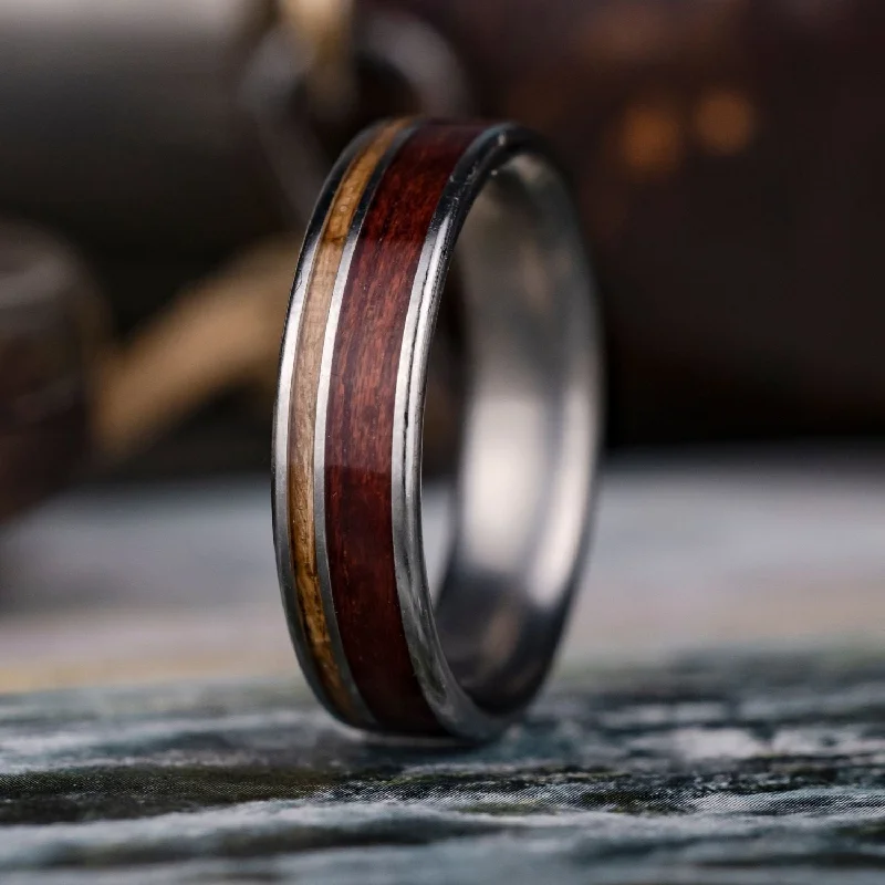 (In-Stock) Custom Titanium Wedding Band with Bloodwood & Chestnut Wood Inlays - Size 7.25 | 5mm Wide