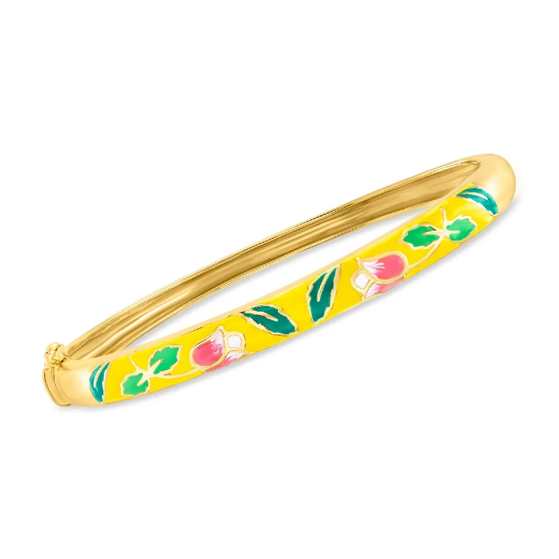 Ross-Simons Yellow and Multicolored Enamel Floral Bangle Bracelet in 18kt Gold Over Sterling