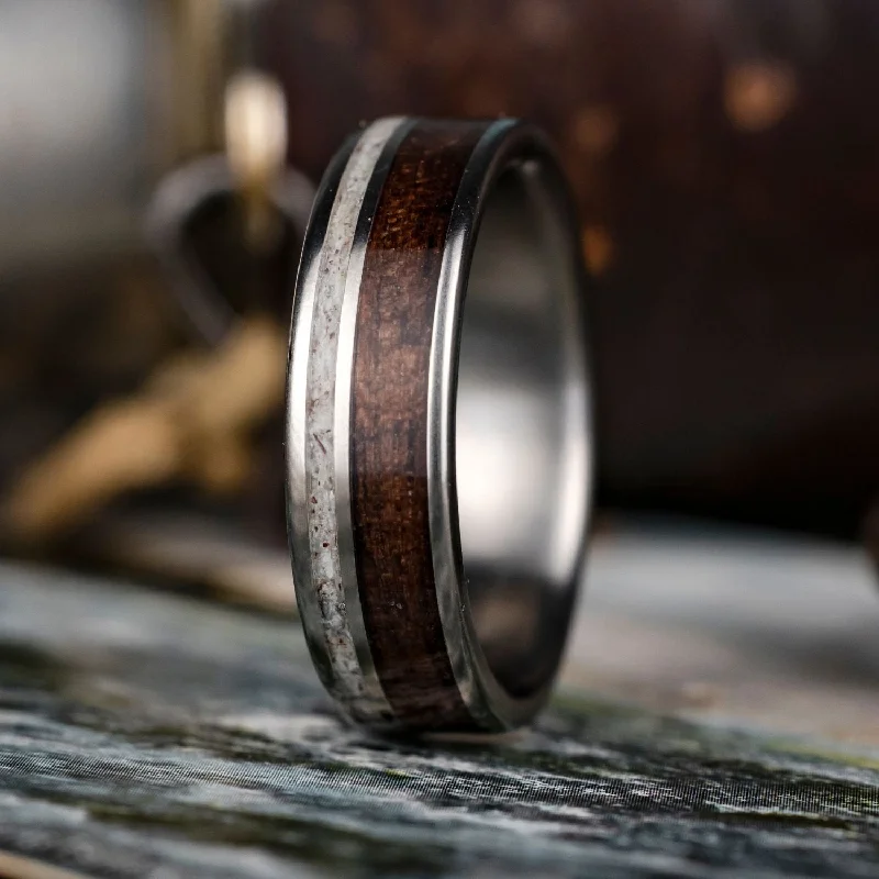 (In-Stock) The High Country | Men's Antique Walnut, Elk Antler, & Titanium Wedding Band - Size 11.5 | 7mm Wide