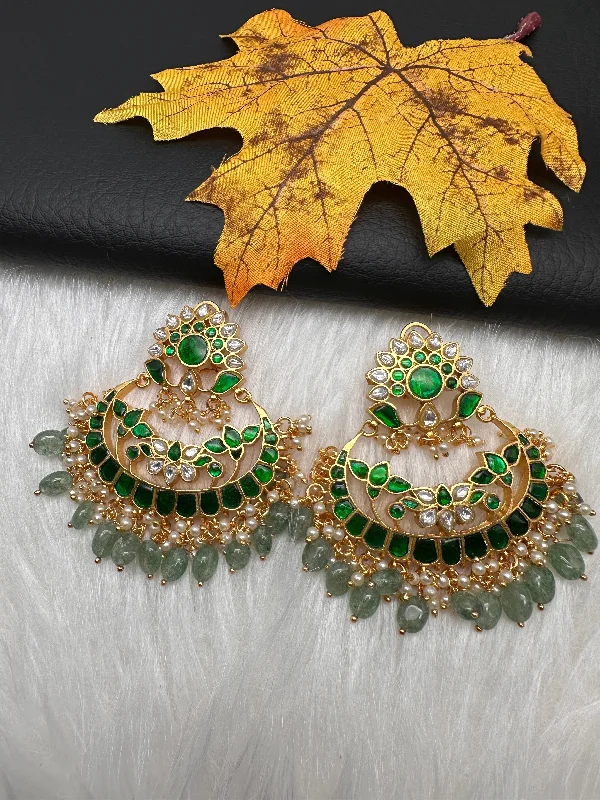 Green Jadau Kundan Pearls Chandballi Earrings