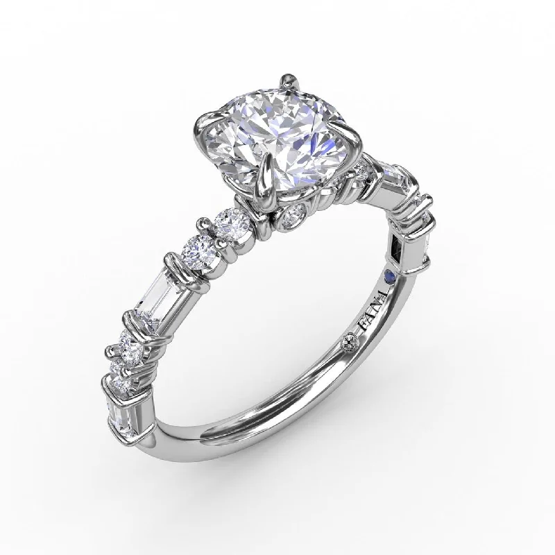 diamond engagement rings for women -Contemporary Diamond Solitaire Engagement Ring With Baguettes and Round Diamond Accents