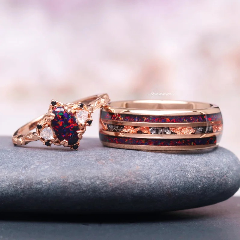 Black Fire Opal & Meteorite Couples Ring