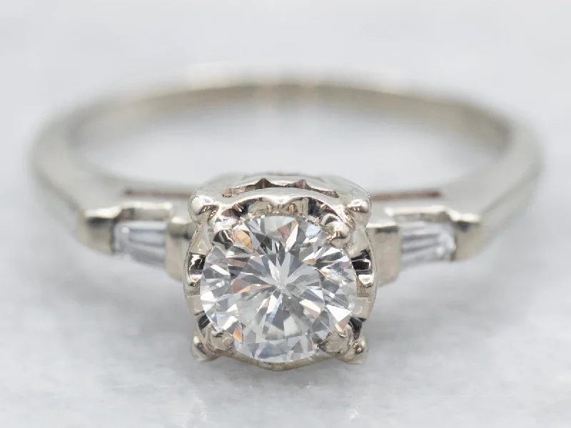 stunning engagement rings for women -White Gold Diamond Engagement Ring with Baguette Cut Diamond Accents