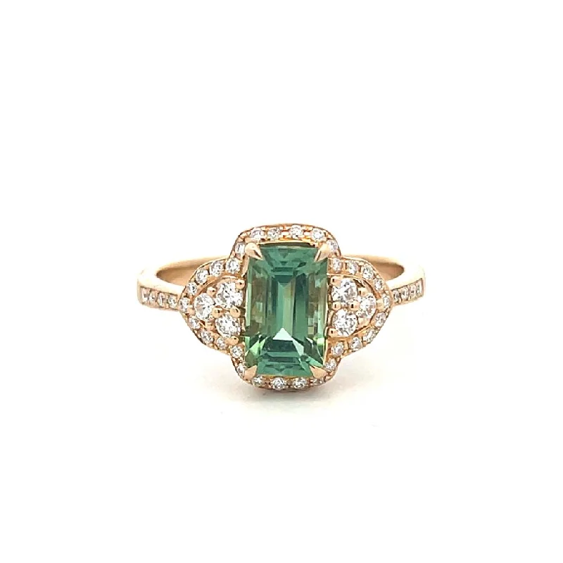 14K Yellow Gold 1.89ctw Emerald Cut Green Tourmaline & Diamond Halo Ring