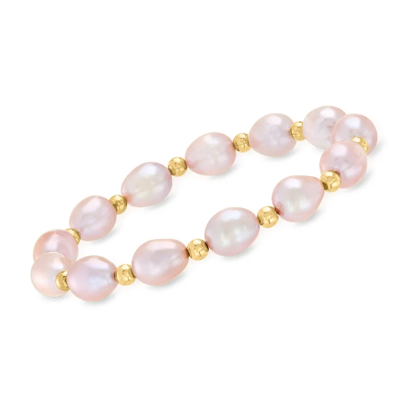 Ross-Simons 8-9mm Pink Cultured Pearl and 14kt Yellow Gold Bead Bracelet