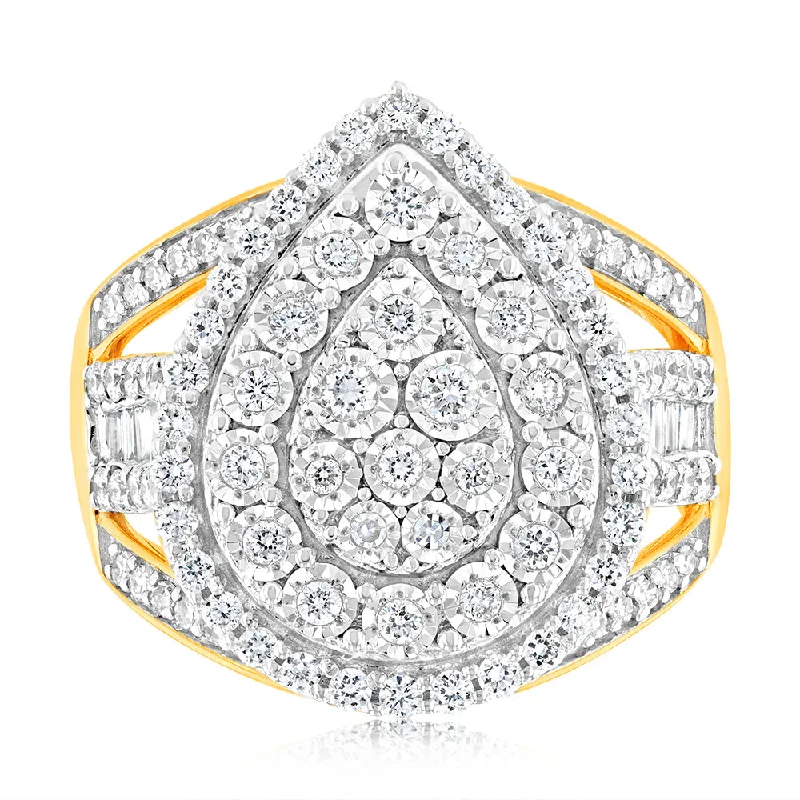 silver engagement rings -Luminesce Lab Grown 1Carat Cluster Pear Shaped Diamond Engagement Ring in 9ct Yellow Gold