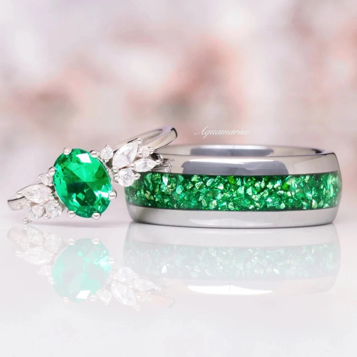 Emerald Leaf Couples Ring