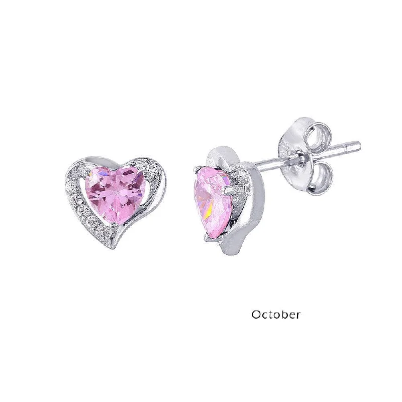 Rhodium Plated 925 Sterling Silver Heart with Birthstone Center Stud Earrings October - STE01028-OCT