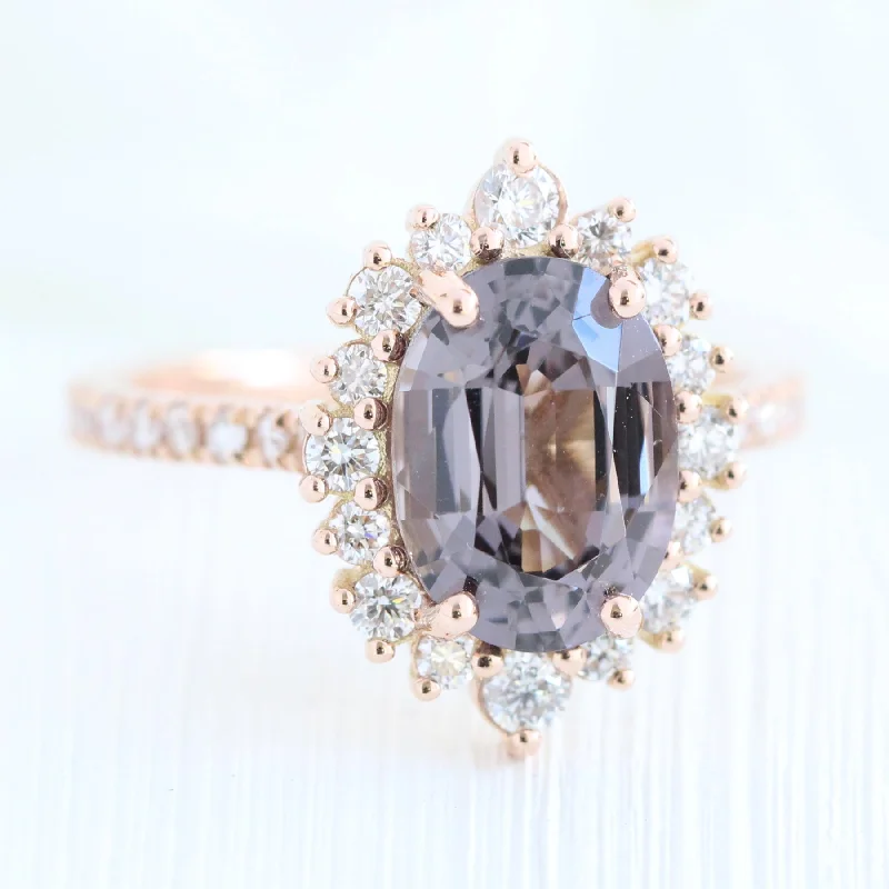 3.56 Ct Large Oval Grey Spinel Ring in 14k Rose Gold Tiara Halo Diamond, Size 6.25