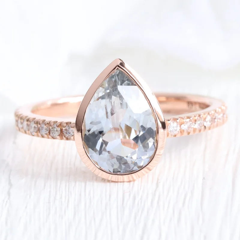 2.26 Ct Pastel Aqua Blue Sapphire Ring in 14k Rose Gold Bezel Pave Diamond, Size 6.25