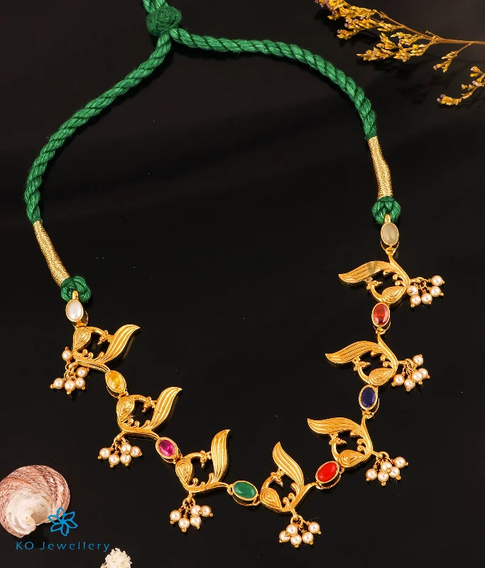 gemstone necklaces for women -The Pariniti Silver Navratna Peacock Necklace