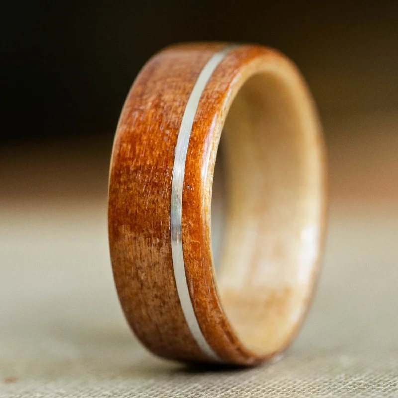 (In-Stock) Black Cherry Wood Ring with Natural Maple Liner & Offset Sterling Silver - Size 9.5 | 8mm Wide