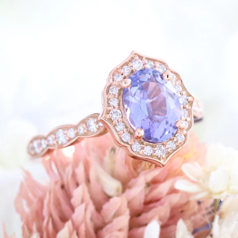 1.78 Ct Oval Lavender Sapphire Ring in 14k Rose Gold Vintage Floral Diamond, Size 6