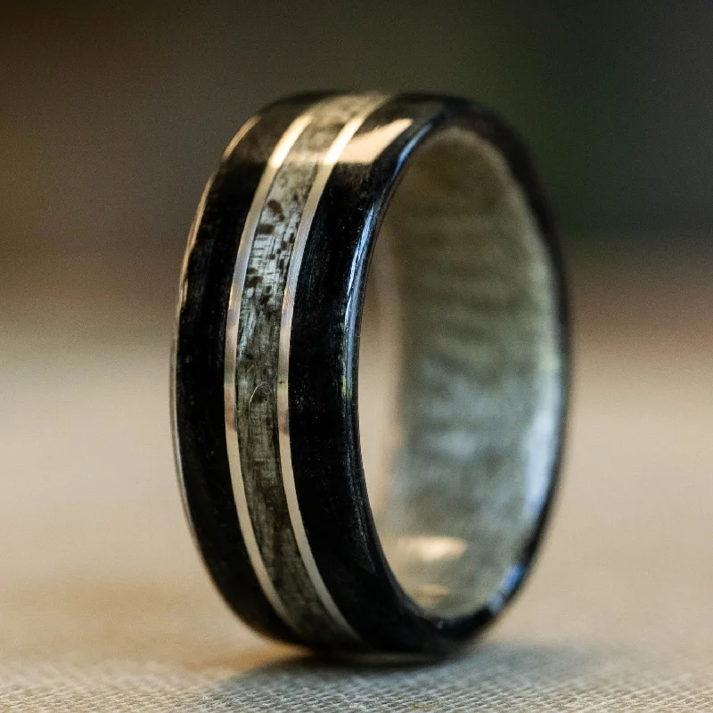 (In-Stock)  Weathered Whiskey Barrel Ring, Weathered Maple & Dual Sterling Silver - Size 8 | 8mm Wide