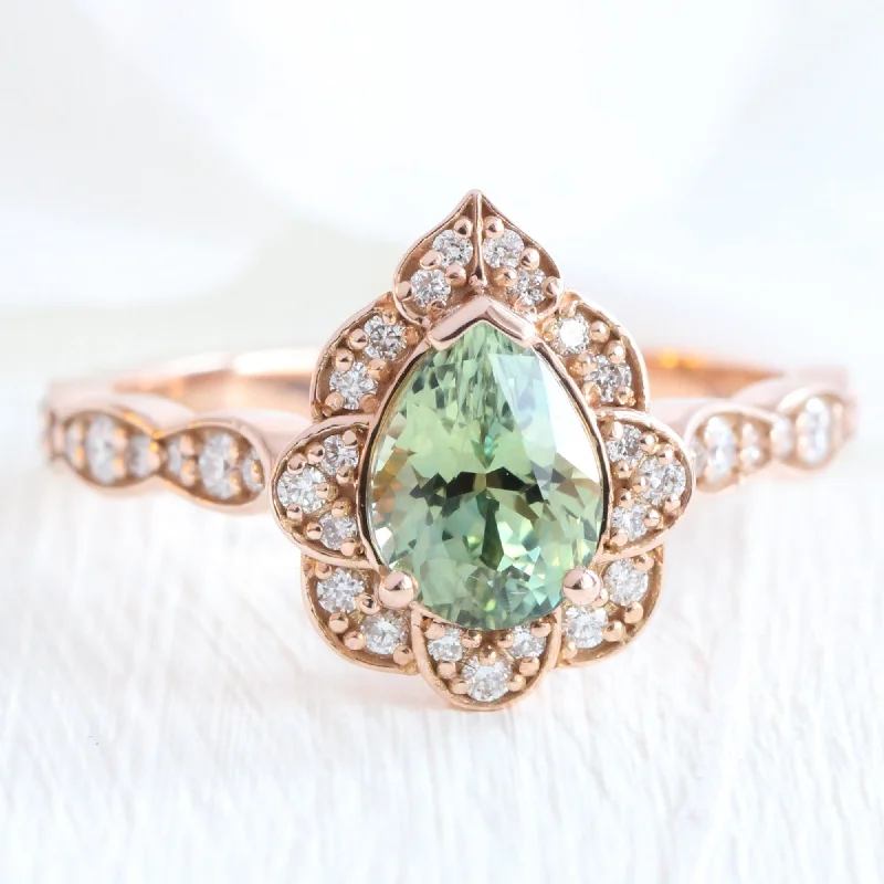 1.72 Ct Pear Cut Green Sapphire Ring in 14k Rose Gold Vintage Floral Diamond, Size 6.25