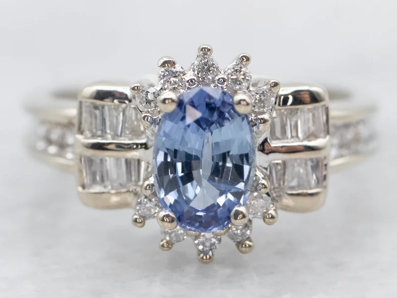 halo engagement rings for women -White Gold Sapphire and Diamond Engagement Ring