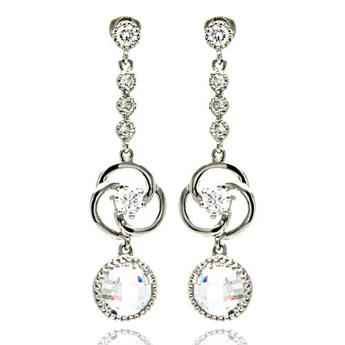 Silver 925 Rhodium Plated Spiral Design CZ Dangling Earrings - BGE00185