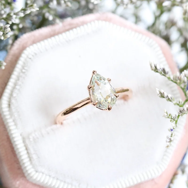 Pear Sea Foam Green Sapphire Ring in 14k Rose Gold Low Profile Solitaire Ring, Size 6.25