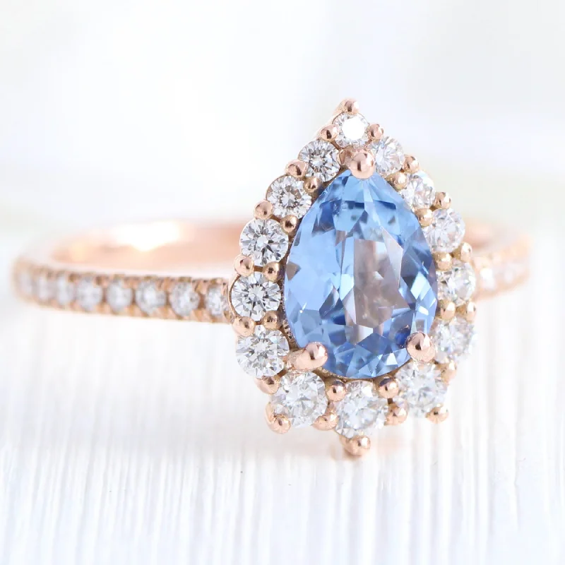 1.84 Ct Pear Ceylon Blue Sapphire Ring in 14k Rose Gold Halo Diamond Pave Band, Size 6.5