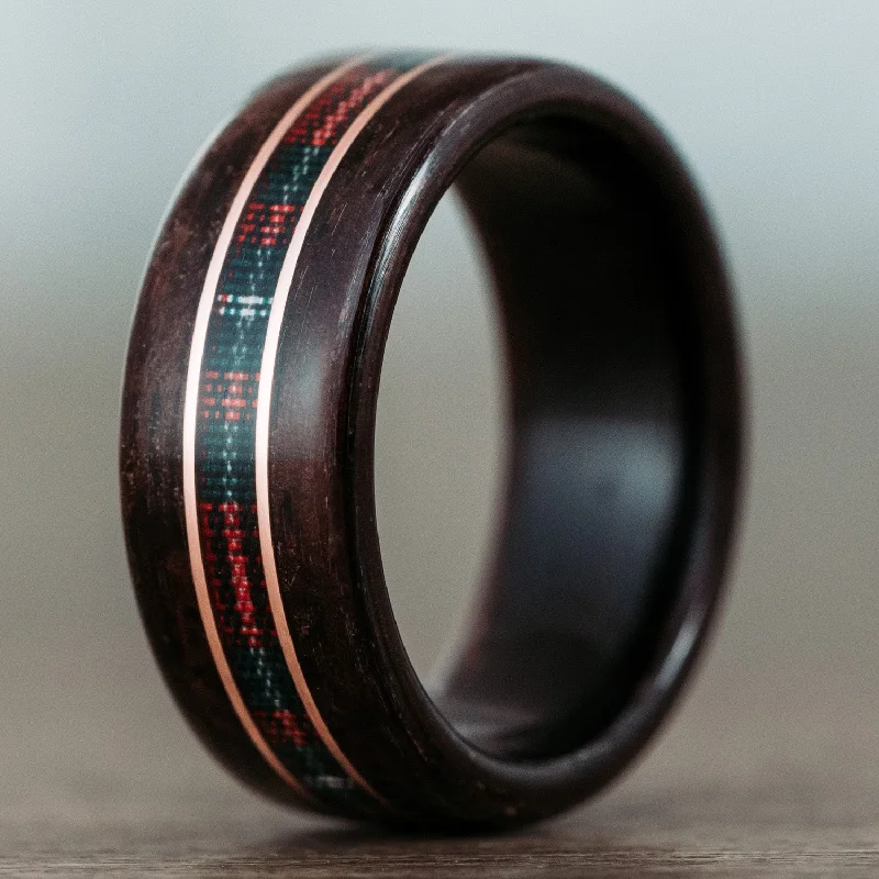 (In-Stock) The MacGregor Tartan Wood Wedding Band with 14k Rose Gold Inlays - Size 10.25 | 9mm Wide