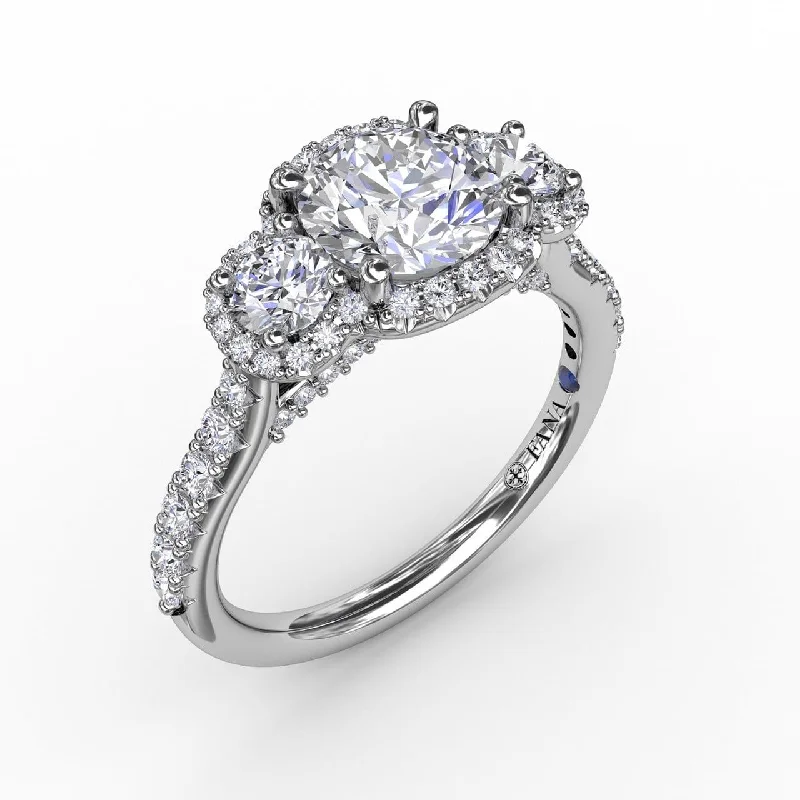 anniversary engagement rings -Three-Stone Round Diamond Halo Engagement Ring