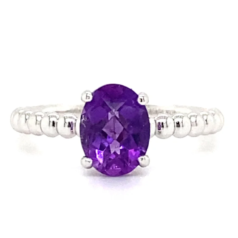 10K White Gold (1) 8x6mm Oval Checkerboard Cut Amethyst Beaded Band Fashion Ring Sz 6.75